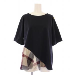 カットソー 半袖 クルーネック ストレッチ チェック柄 切替 38 紺 ネイビー タグ付き /BB