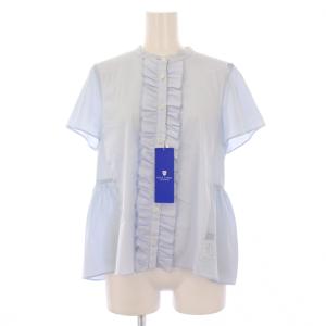 ミックスフリルブラウス シャツ 半袖 バンドカラー ストレッチ 切替 38 水色 ライトブルー タグ付き