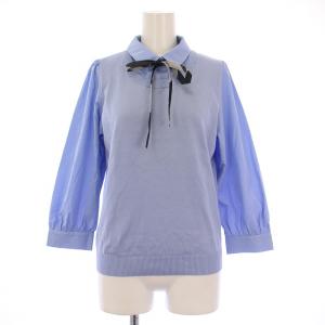 シャツ ブラウス ニット 切替 七分袖 レギュラーカラー フェイクレイヤード リボン 38 水色 ライトブルー