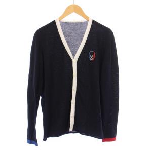 ニットカーディガン 長袖 Vネック トリコロール ラインストーン スカル柄 ドクロ柄 S 紺 ネイビー