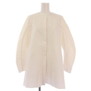 25SS 高密度ストレッチフレアブラウス シャツ 長袖 クルーネック 無地 38 白 ホワイト YR21-25008SP-2