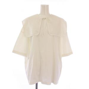 カットソー 半袖 スキッパー ビックカラー ストレッチ ドッド柄 切替 F 白 ホワイト /BB