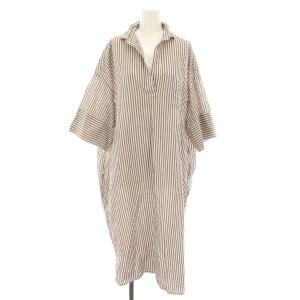 シャツワンピース ロング スキッパー 半袖 ストライプ柄 麻 リネン混 F 白 ホワイト 茶 ブラウン