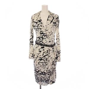 ワンピース ひざ丈 長袖 Vネック 総柄 ビジュー装飾 シルク I 40 白 黒 /BM