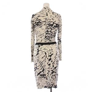 Blumarine ワンピース ひざ丈 長袖 Vネック 総柄 ビジュー装飾 シルク I 40 白 黒 /BM