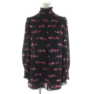 シャツ ブラウス 長袖 鳥 総柄 XS 黒 ブラック /AN14