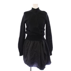 フレアワンピース ミモレ ロング ニット 長袖 クルーネック フェイクレイヤード 切替 モヘヤ ウール混