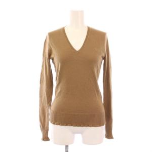 ニット セーター 長袖 Vネック 薄手 ストレッチ ロゴ 刺繍 ワンポイント ウール M 茶 ブラウン