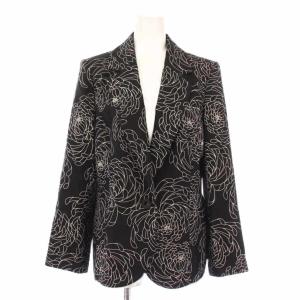 テーラードジャケット アウター シングル 総裏地 花柄 シルク ウール混 40 黒 ブラック 白 ホワイト