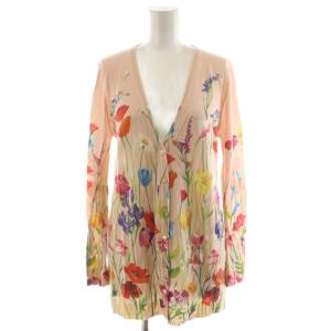 カーディガン 花柄 ウール 絹 シルク混 カシミヤ 40 マルチカラー ピンク 緑 グリーン 赤 レッド