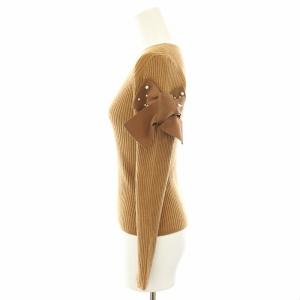 M'S GRACY ニット セーター クルーネック 長袖 リブ編み リボン パール 38 茶 ブラウン GL-818709