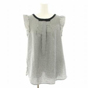 シャツ ブラウス 半袖 フレンチスリーブ フリル ギンガムチェック柄 リボン 34 白 ホワイト 黒 ブラック