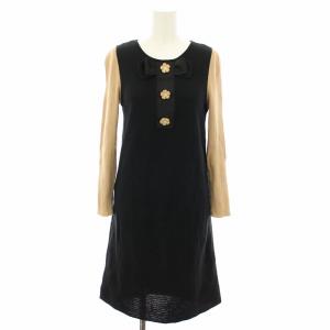 ニットワンピース ひざ丈 長袖 リボン 花型ボタン サンプル品 38 ベージュ 黒 ブラック /YT