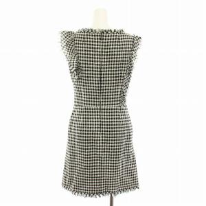 René ワンピース ひざ丈 ノースリーブ チェック柄 フリンジ ツイード 麻 リネン混 34 白 ホワイト 黒