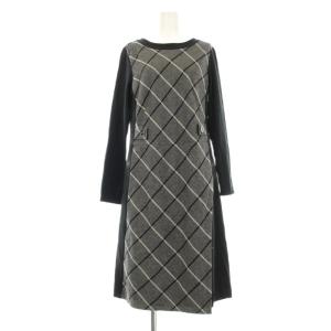 ワンピース ひざ丈 長袖 チェック柄切替 9 黒 ブラック グレー XR-213-35AO /OR JS