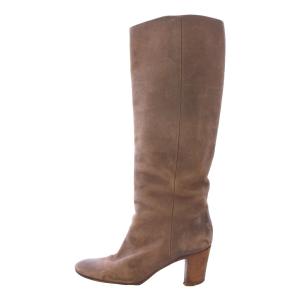 ロングブーツ ラウンドトゥ チャンキーヒール レザー 37 茶 ブラウン /BB