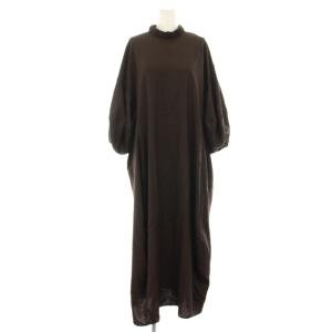 22SS リネンライク立体スリーブワンピース ロング ハイネック 長袖 38 茶 ブラウン 300FS433-2580