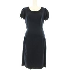 ワンピース ストレッチ ひざ丈 半袖 レース装飾 42 紺 ネイビー 黒 ブラック D172Q373 /OR