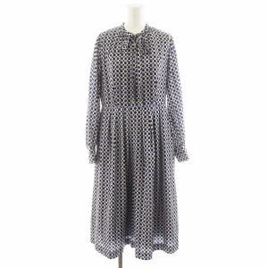 幾何学柄プリント ワンピース ロング丈 長袖 総柄 リボン 9R 紺 ネイビー 1143211628 /AN18