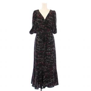 ラップワンピース 巻き フレア ミモレ ロング 半袖 Vネック ストレッチ 総柄 ペチコート付き 2 黒