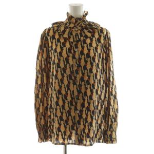 シャツ ブラウス 長袖 猫柄 リボン フリル シルク 絹 1 ベージュ 黒 ブラック 32711-70741E