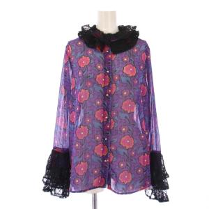 NYC スーパーフリルブラウス シャツ 長袖 花柄 レース シアー シースルー F 紫 14210209