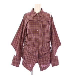 シャツ ブラウス 長袖 レギュラーカラー チェック柄 F 紫 パープル 茶 ブラウン /BB