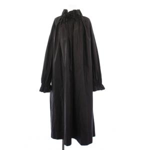 ギャザーネックワンピ フレアワンピース ミモレ ロング 長袖 ハイネック リボン 無地 36 黒 ブラック
