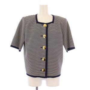 カーディガン 半袖 スクエアネック ストレッチ ボーダー柄 M 白 ホワイト 紺 ネイビー /BB