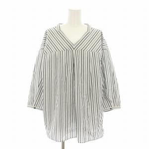 シャツ ブラウス Vネック 長袖 ストライプ柄 大きいサイズ 13+ 紺 ネイビー 白 ホワイト IT-1100258