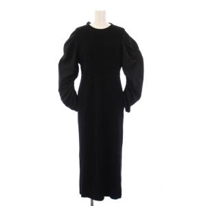バックリボンニットワンピース タイト マキシ ロング 長袖 クルーネック ストレッチ 切替 36 黒 ブラック
