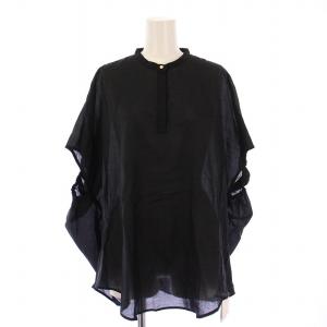ニュアンスドルマンブラウス シャツ 半袖 フレンチスリーブ バンドカラー 無地 麻 リネン混 F 黒 ブラック