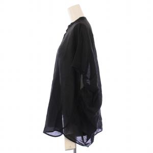 IENA ニュアンスドルマンブラウス シャツ 半袖 フレンチスリーブ バンドカラー 無地 麻 リネン混 F 黒 ブラック