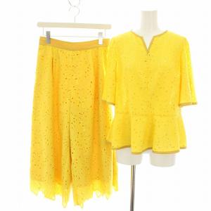 セットアップ 上下 ブラウス カットソー キーネック 半袖 ペプラム イージーパンツ パンチングレース