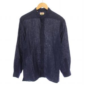 カジュアルシャツ 長袖 バンドカラー 無地 麻 リネン 39 紺 ネイビー /BB