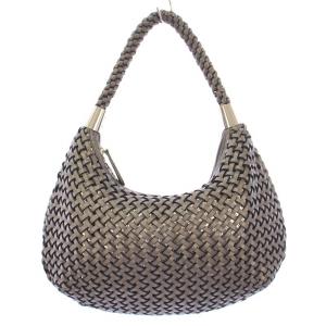 ハンドバッグ ワンハンドル イントレチャート 編み込み レザー グレー /BB