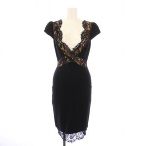 タイトワンピース ひざ丈 半袖 Vネック レース ストレッチ シルク I40 黒 ブラック /BB