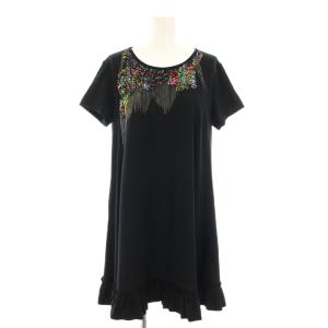 チュニック ワンピース ミニ 半袖 フリル ビーズ装飾 9 黒 ブラック 1623031-99 /YT
