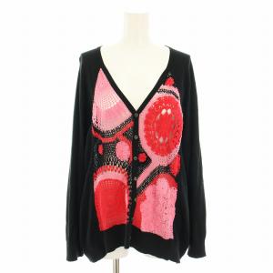 ニットカーディガン Vネック 長袖 かぎ針編み 花柄 切替 絹 シルク混 9 黒 ブラック ピンク 赤