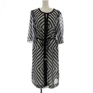 タグ付き ワンピース ひざ丈 ストライプ柄 七分袖 シアー 44 黒 ブラック 白 ホワイト 861189-65