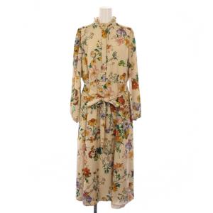 サンプル品 サテンボタニカルシャツワンピース ロング 長袖 花柄 ウエストリボン F ベージュ 0221331122