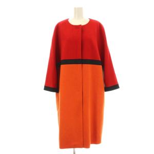 ligne ノーカラーコート ロング 切替 ボーダー柄 ウール 44 赤 レッド オレンジ 858514-53