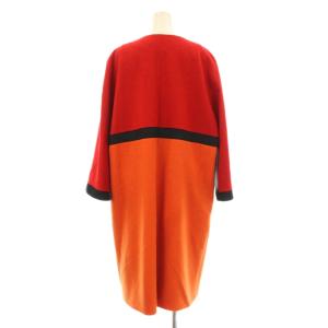 Pierre Cardin ligne ノーカラーコート ロング 切替 ボーダー柄 ウール 44 赤 レッド オレンジ 858514-53