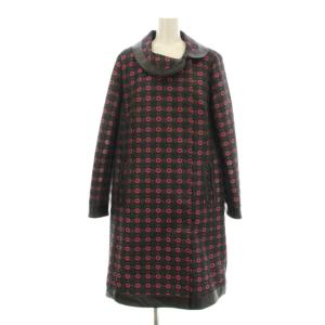 ligne ステンカラーコート ロング 花柄 切替 フェイクレザー 44 黒 ブラック ピンク 紺 ネイビー