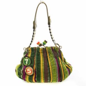 ベロア ハンドバッグ がま口 ストライプ 緑 カーキ /G