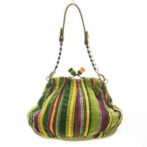 JAMIN PUECH ベロア ハンドバッグ がま口 ストライプ 緑 カーキ /G