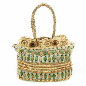 トートバッグ ビーズ装飾 ビジュー ベージュ 緑 /G