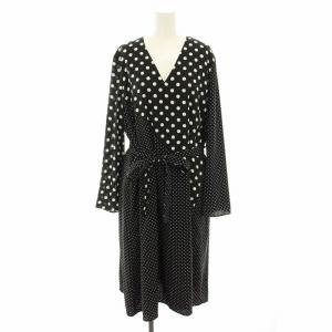 ワンピース ロング Vネック 長袖 ドット柄 リボンベルト タグ付き 44L 黒 ブラック 白 ホワイト