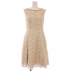 フレアワンピース ひざ丈 ノースリーブ クルーネック レース 花柄 0 ピンク ベージュ /BB