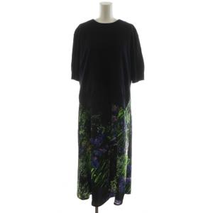 ワンピース ロング丈 半袖 プリント 花柄 絹 シルク混 XL 黒 ブラック 緑 グリーン KRPSIA7711